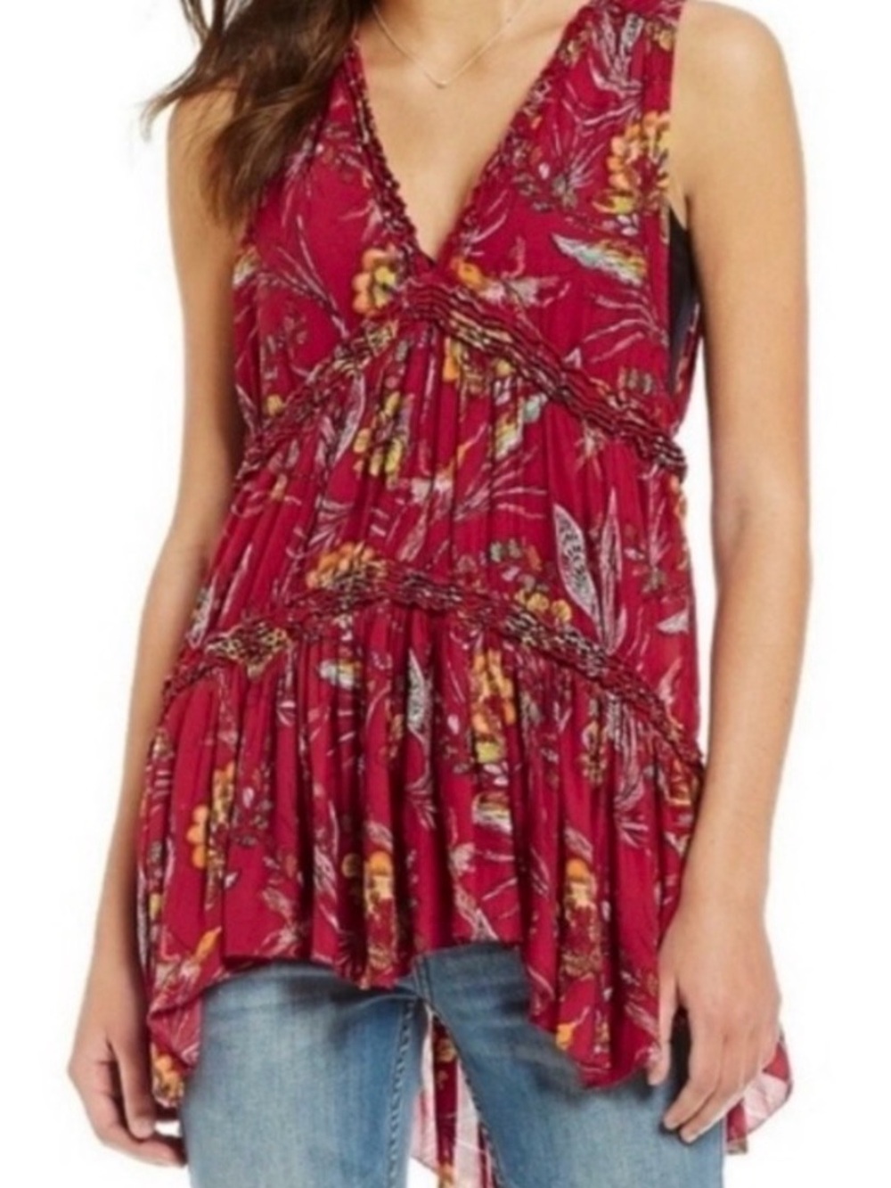 Free People Red Floral V-Neck Sleeveless Peplum Camisole